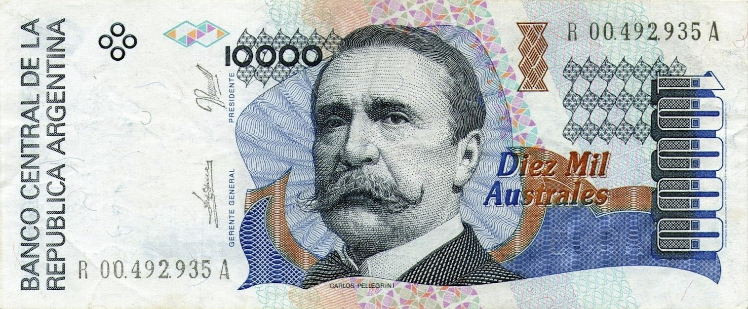 Банкнота Аргентина 10000 аустралей 1990 года, модификация A, лицевая сторона (ARA-1990A-T010-S072-GW0-TZ-PR.A, TBB: B387az)