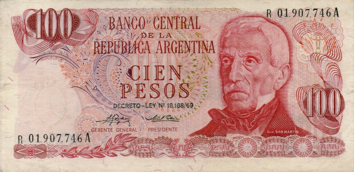 Банкнота Аргентина 100 песо леев 1970 года, модификация B, лицевая сторона (ARL-1970B-R100-S053-GW1-TZ-PR.A, TBB: B350bz, WPM: P297r)