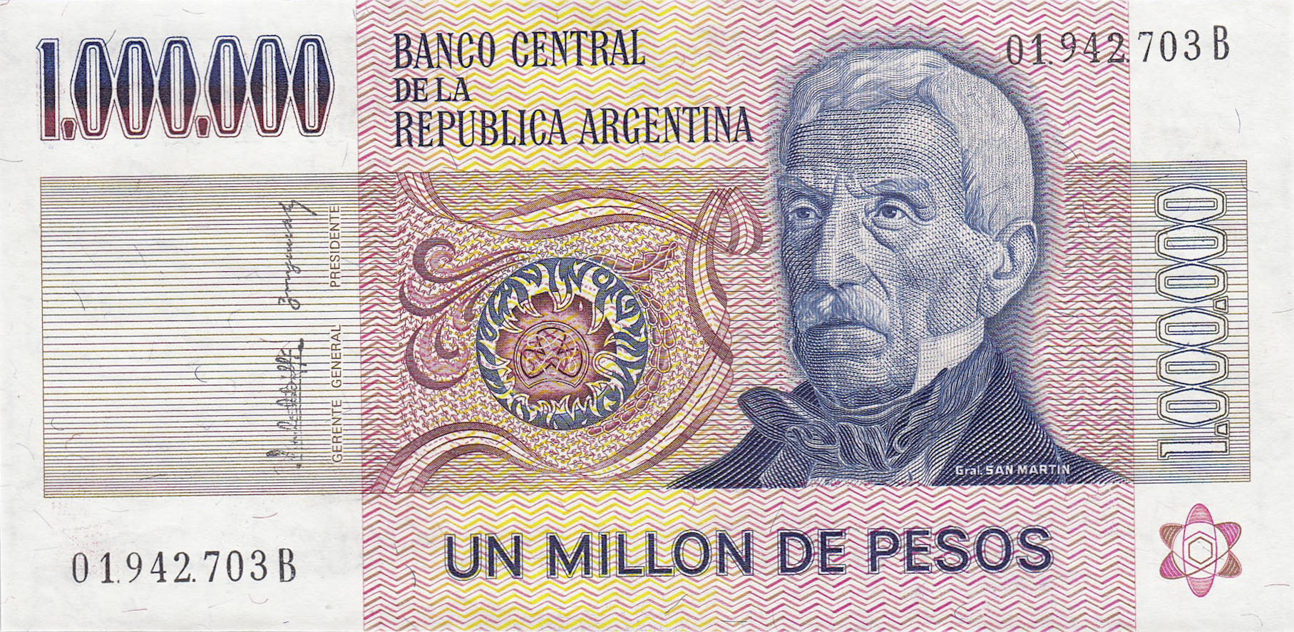 Банкнота Аргентина 1000000 песо леев 1970 года, модификация C, лицевая сторона (ARL-1970C-M001-S063-GW2-P.B, TBB: B363c, WPM: P310)