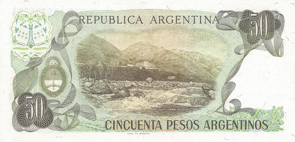 Банкнота Аргентина 50 песо 1983 года, модификация A, оборотная сторона (ARP-1983A-R050-S063-TZ-PR.A, TBB: B367az, WPM: P314r)