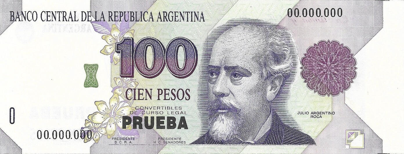 Банкнота Аргентина 100 песо 1992 года, модификация A, лицевая сторона (ARS-1992A-R100-S0-TP-P0)
