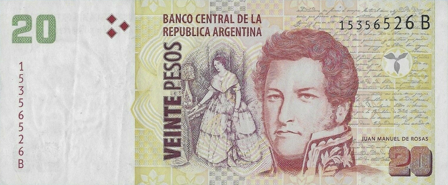 Банкнота Аргентина 20 песо 1997 года, модификация B, лицевая сторона (ARS-1997B-R020-S090-P.B, TBB: B408a, WPM: P355a)