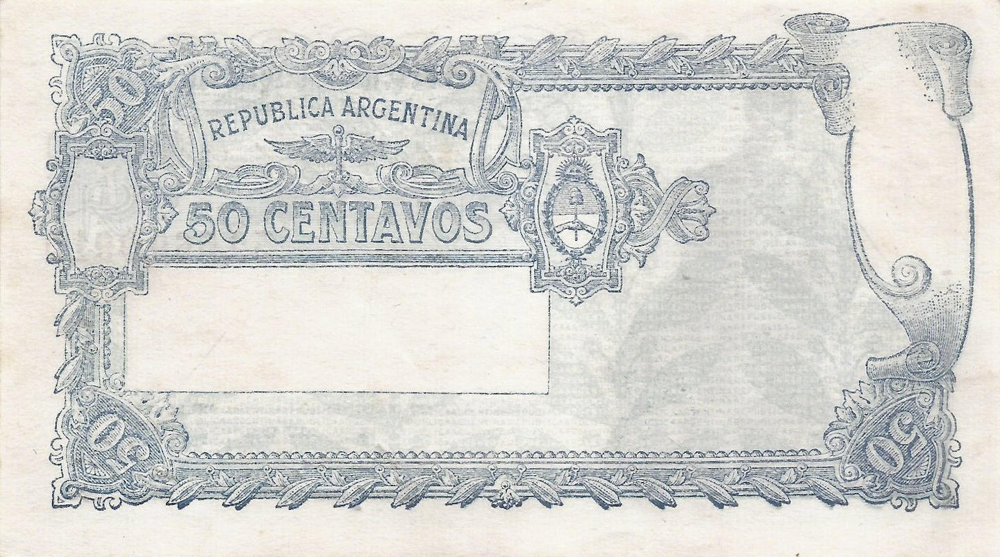 Банкнота Аргентина 50 сентаво 1935 года, модификация A, оборотная сторона (ARY-1935A-K050-S026-V3B-GW2-P.D, TBB: B301e, WPM: P250a)