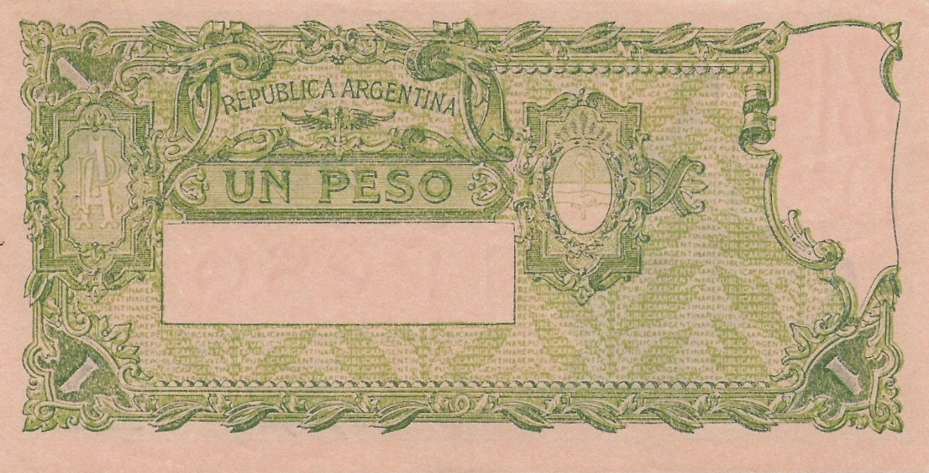 Банкнота Аргентина 1 песо 1935 года, модификация A, оборотная сторона (ARY-1935A-R001-S023-V3A-P.I, TBB: B302c, WPM: P251c)