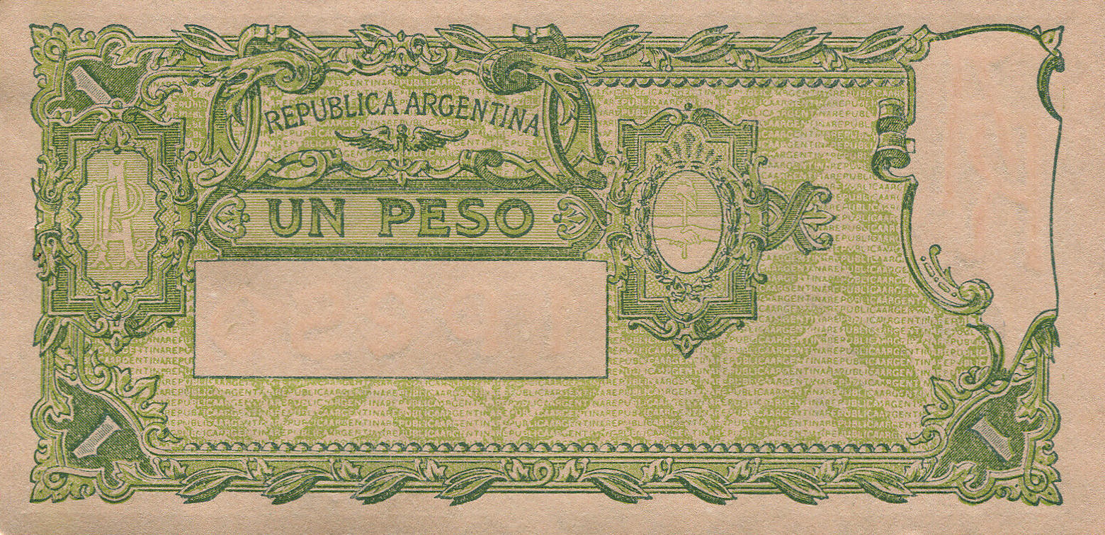 Банкнота Аргентина 1 песо 1935 года, модификация A, оборотная сторона (ARY-1935A-R001-S023-V3A-P.J, TBB: B302c, WPM: P251c)