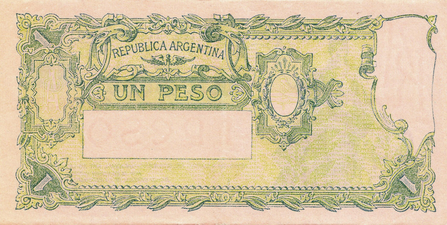 Банкнота Аргентина 1 песо 1935 года, модификация A, оборотная сторона (ARY-1935A-R001-S023-V3B-P.J, TBB: B302d, WPM: P251d)