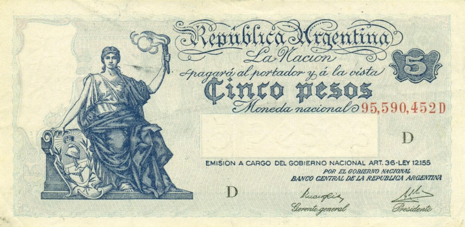 Банкнота Аргентина 5 песо 1935 года, модификация A, лицевая сторона (ARY-1935A-R005-S026-V3B-P.D, TBB: B303d, WPM: P252c)