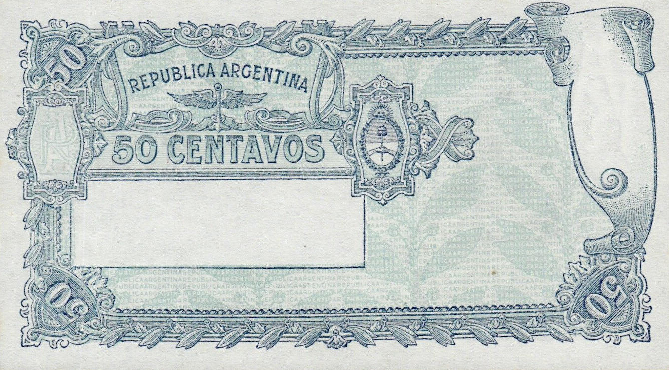 Банкнота Аргентина 50 сентаво 1935 года, модификация B, оборотная сторона (ARY-1935B-K050-S027-V3B-GW2-P.E-D1947, TBB: B307a, WPM: P256)