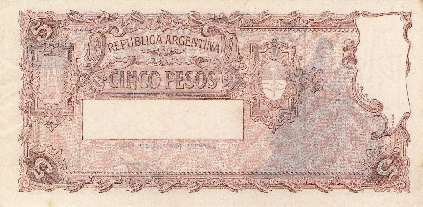 Банкнота Аргентина 5 песо 1935 года, модификация B, оборотная сторона (ARY-1935B-R005-S028-V3B-P.G, TBB: B315a, WPM: P264a)