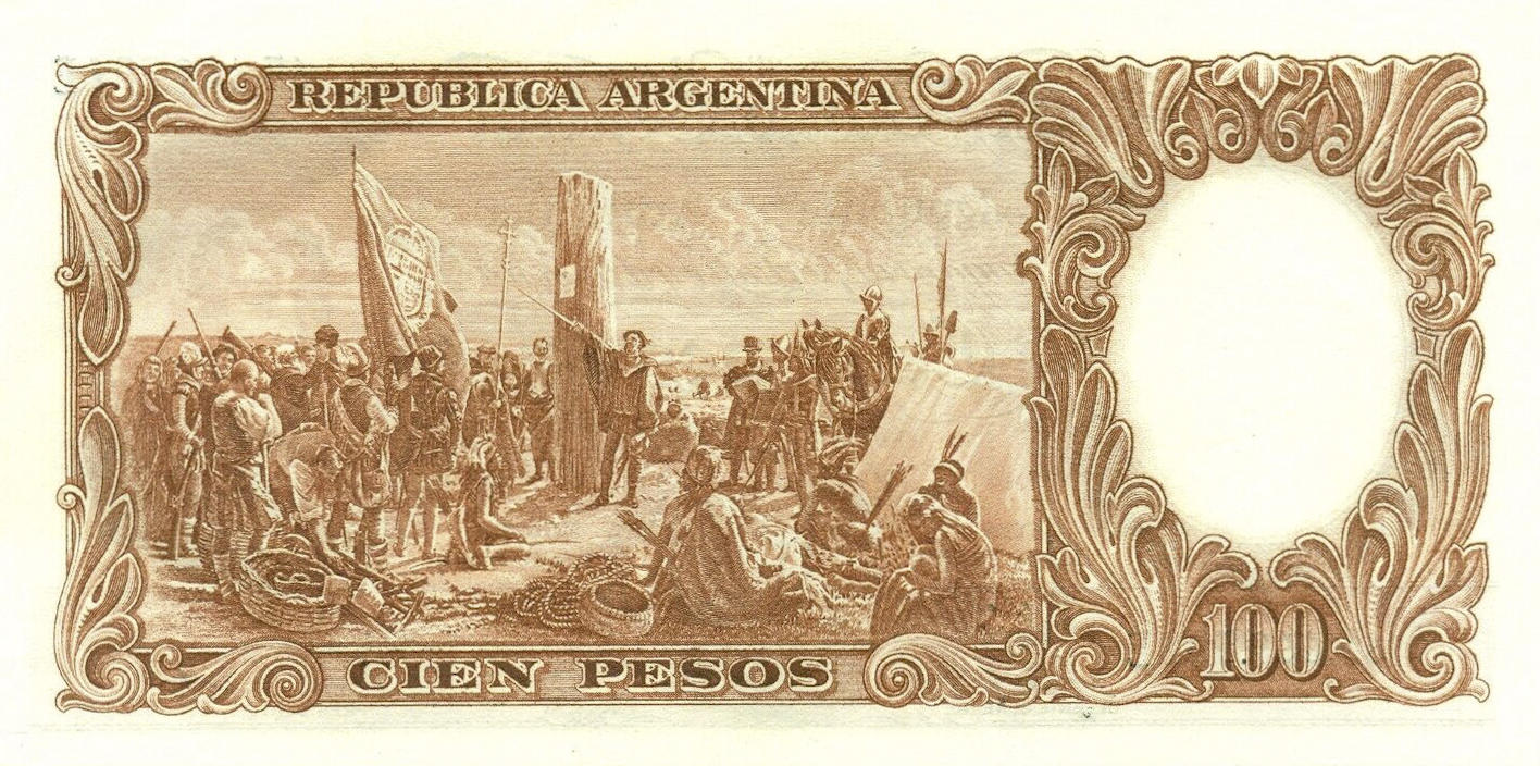Банкнота Аргентина 100 песо 1943 года, модификация B, оборотная сторона (ARY-1943B-R100-S042-GW1-V3-P.E, TBB: B325n, WPM: P272c)