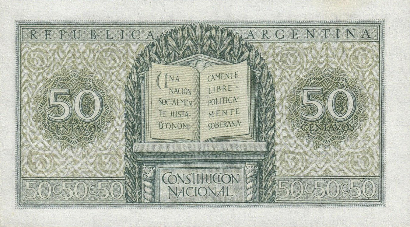 Банкнота Аргентина 50 сентаво 1950 года, модификация B, оборотная сторона (ARY-1950B-K050-S028-D1947-V2-P.A, TBB: B310b, WPM: P259b)