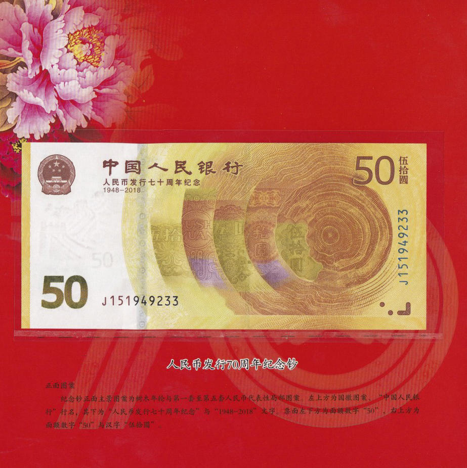 Банкнота Китай 50 юань 2018 года, модификация A, нумизматическое издание (CNY-2018A-R050-TN-PJ)