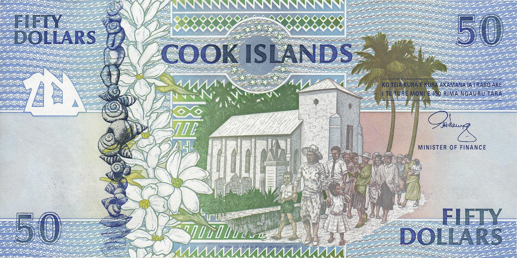 Банкнота Острова Кука 50 долларов 1992 года, модификация A, лицевая сторона (CKD-1992A-R050-S3-PBBB, TBB: B110a, WPM: P10a)