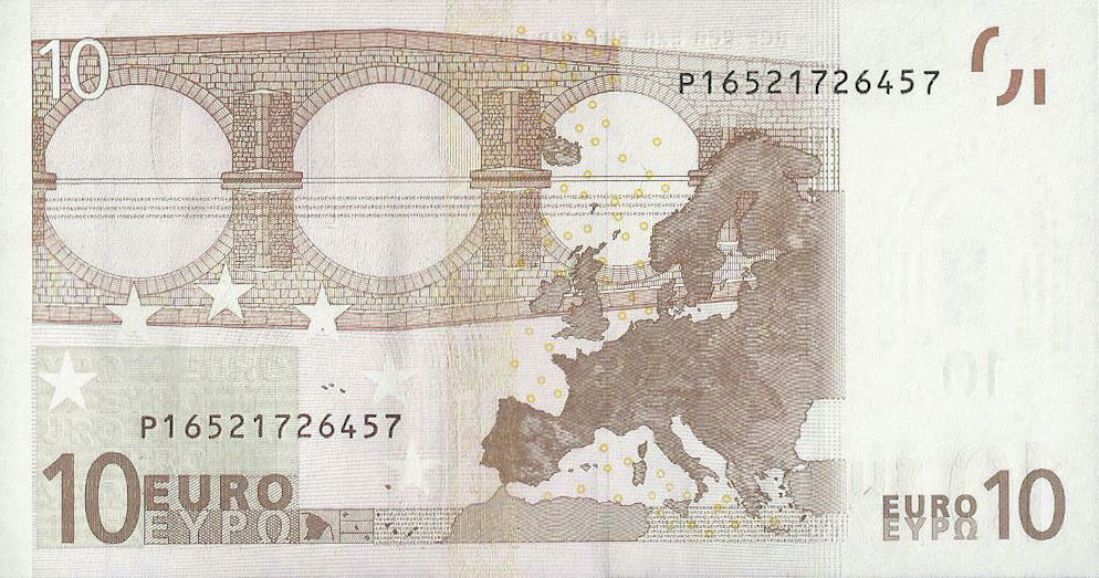 Банкнота Европейский союз 10 евро 2002 года, модификация A, оборотная сторона (EUR-2002A-R010-S2-PP-FG, Sohier: 2/2/P/G10,11,13,14, TBB: B102p2, WPM: P9p)