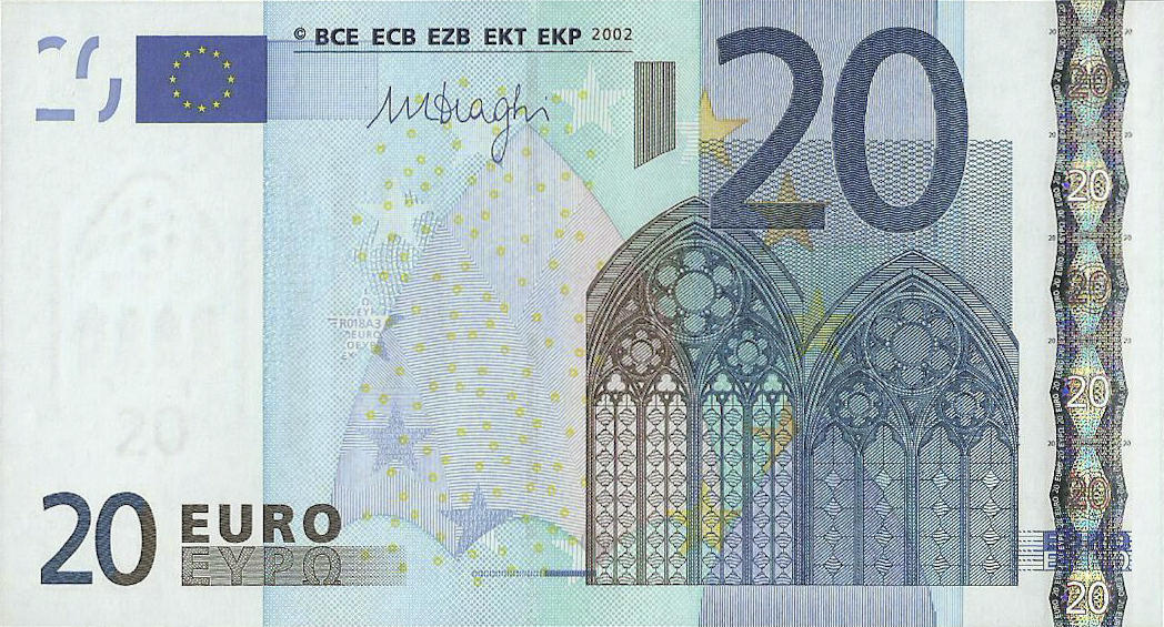 Банкнота Европейский союз 20 евро 2002 года, модификация A, лицевая сторона (EUR-2002A-R020-S3-PP-FR, Sohier: 3/3/P/R15-21,23,24,29-32, TBB: B103p3, WPM: P16p)