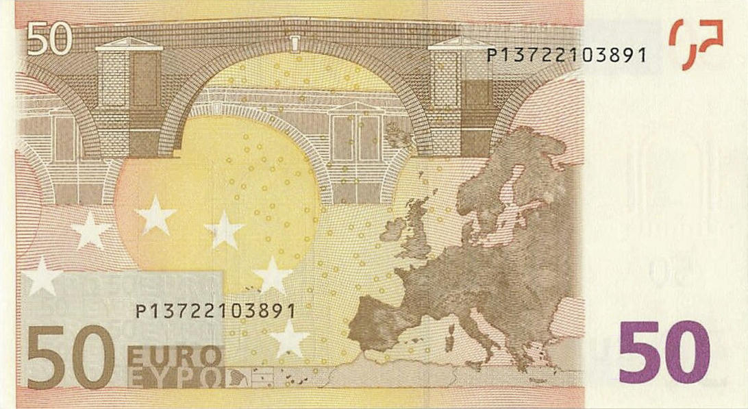 Банкнота Европейский союз 50 евро 2002 года, модификация A, оборотная сторона (EUR-2002A-R050-S1-PP-FG, Sohier: 4/1/P/G1,2,4-11,16,17,19-21, TBB: B104p1, WPM: P4p)