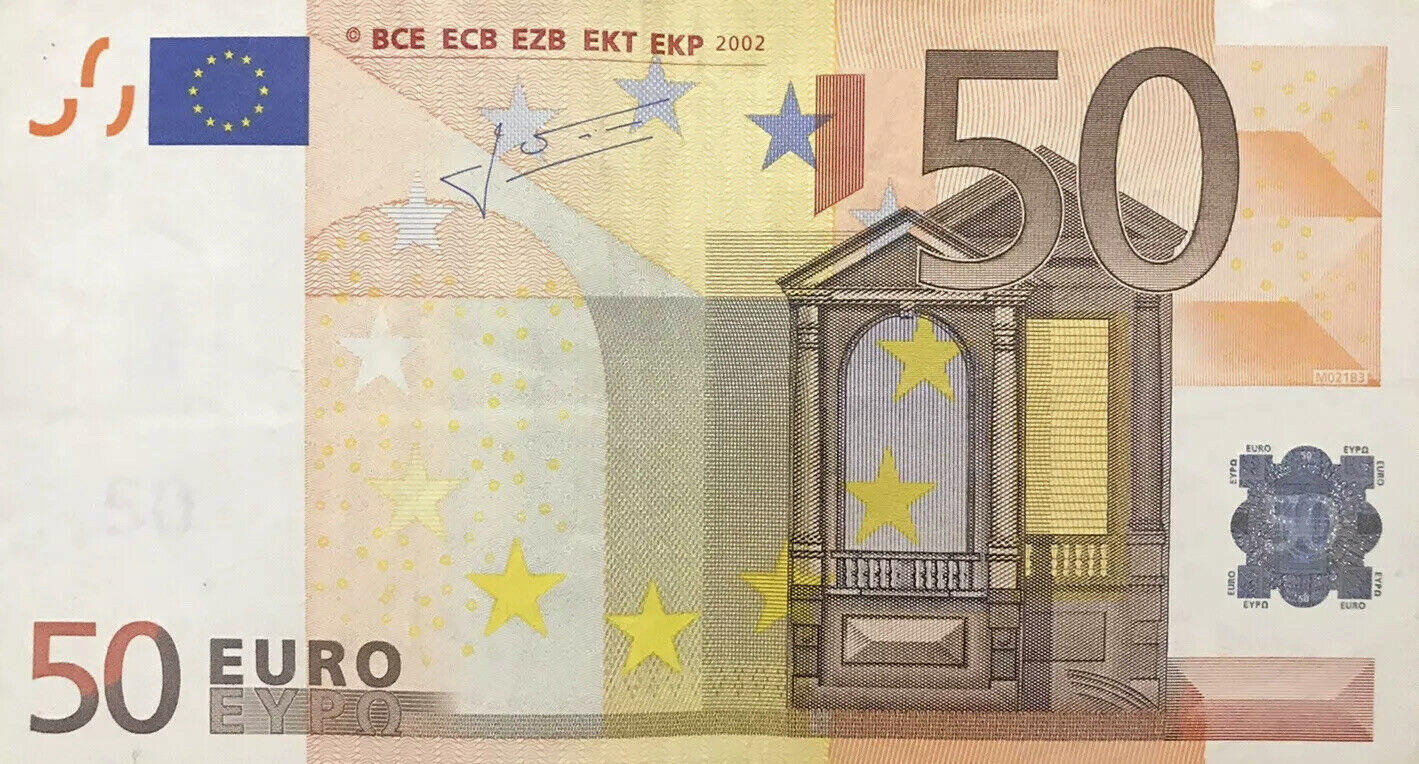 Банкнота Европейский союз 50 евро 2002 года, модификация A, лицевая сторона (EUR-2002A-R050-S2-PV-FM, Sohier: 4/2/V/M16-49, TBB: B104v2, WPM: P11v)