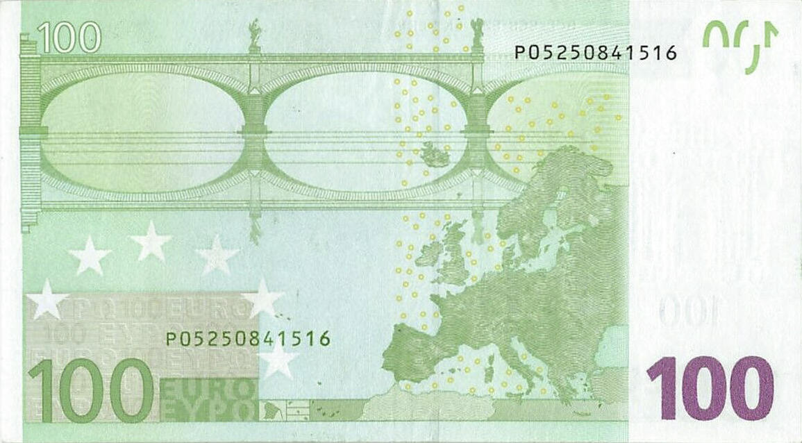 Банкнота Европейский союз 100 евро 2002 года, модификация A, оборотная сторона (EUR-2002A-R100-S2-PP-FG, Sohier: 5/2/P/G8,9, TBB: B105p2, WPM: P12p)