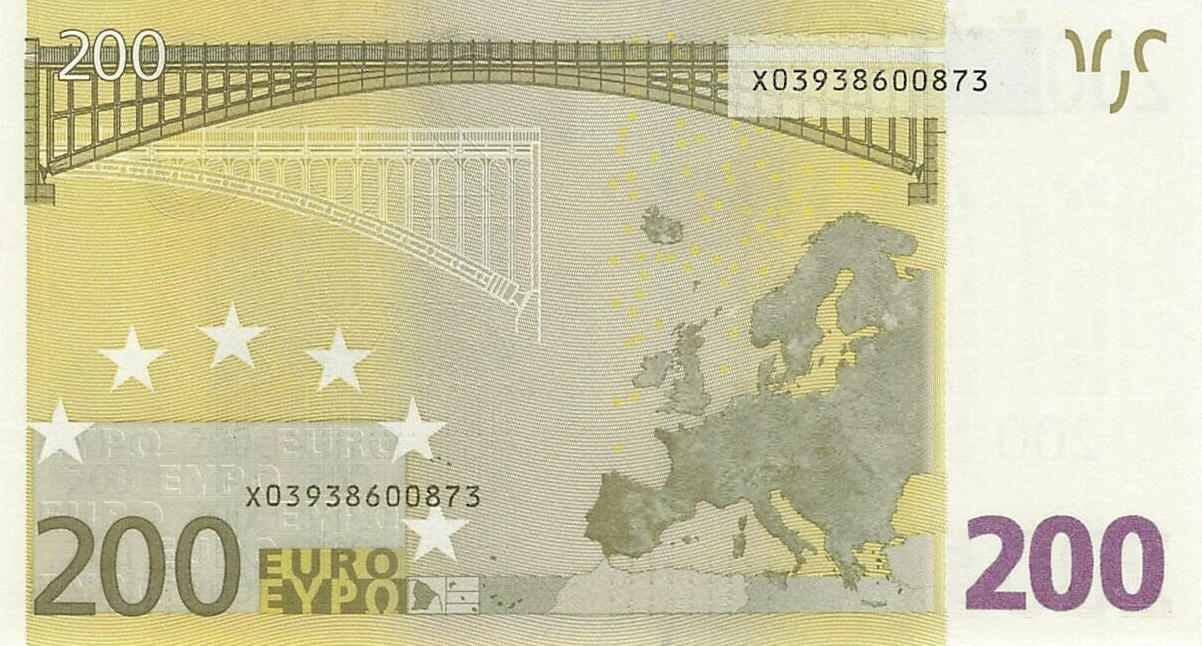 Банкнота Европейский союз 200 евро 2002 года, модификация A, оборотная сторона (EUR-2002A-R200-S2-PX-FE, Sohier: 6/1/X/E1, TBB: B106x2, WPM: P13x)
