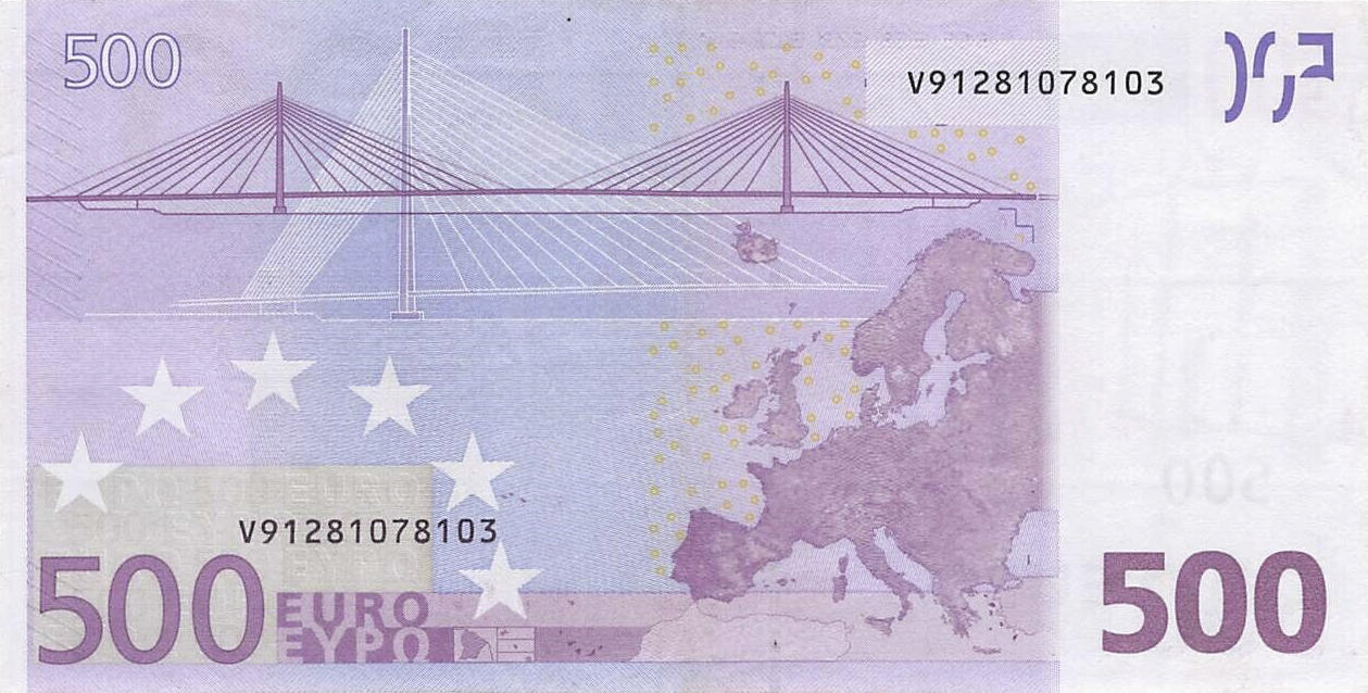Банкнота Европейский союз 500 евро 2002 года, модификация A, оборотная сторона (EUR-2002A-R500-S1-PV-FT, Sohier: 7/1/V/T1, TBB: B107v1, WPM: P7v)