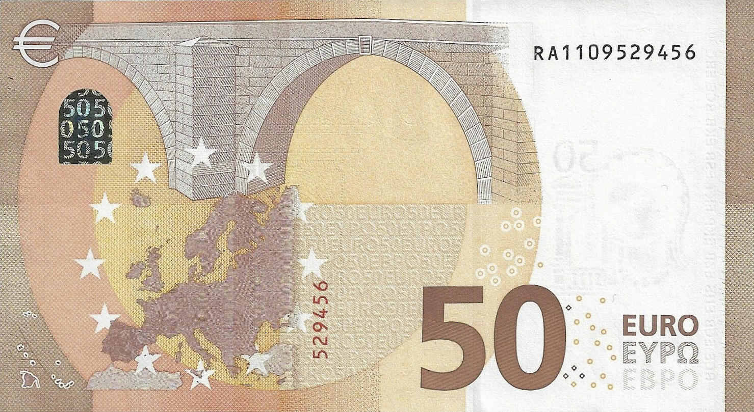Банкнота Европейский союз 50 евро 2013 года, модификация A, оборотная сторона (EUR-2013A-R050-S3-FR-PRA, Sohier: 4/3/R1-4, TBB: B111r3, WPM: P23r)