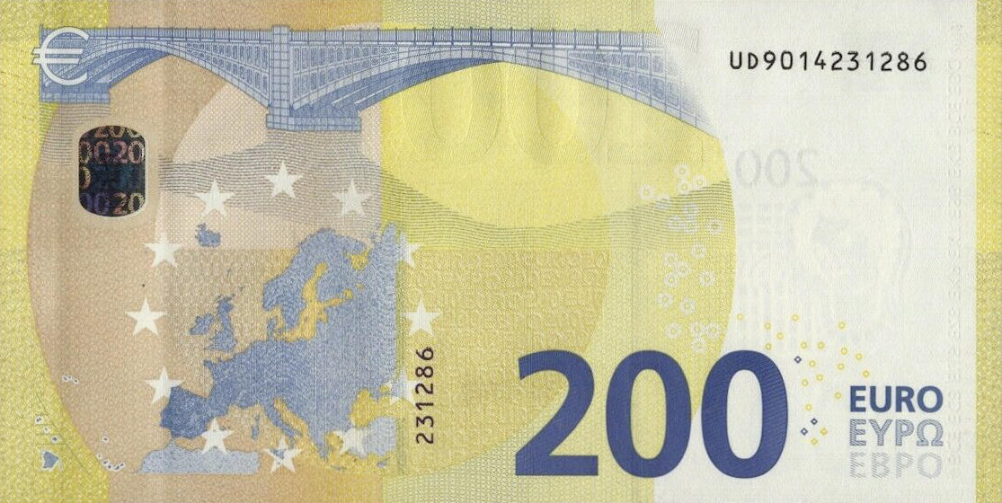 Банкнота Европейский союз 200 евро 2013 года, модификация A, оборотная сторона (EUR-2013A-R200-S3-FU-PUD, Sohier: 6/3/U, TBB: B113u3)