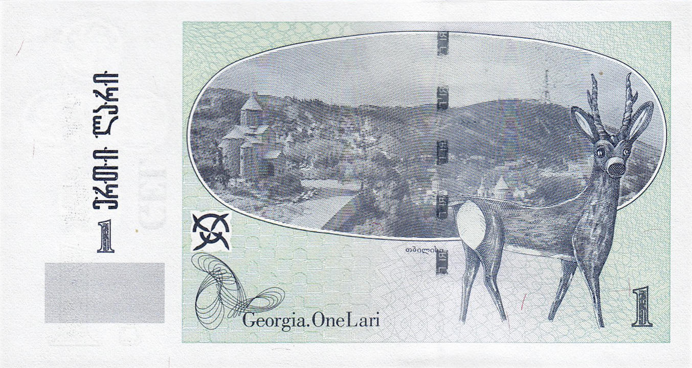 Банкнота Грузия 1 лари 1995 года, модификация C, оборотная сторона (GEL-1995C-R001-S04-D2007-R1-PA, TBB: B246b, WPM: P68b)