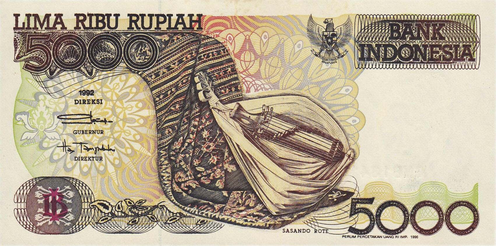 Банкнота Индонезия 5000 рупий 1992 года, модификация A, лицевая сторона (IDR-1992A-T005-S28-D1992.1996-GT1, TBB: B588e, WPM: P130e)