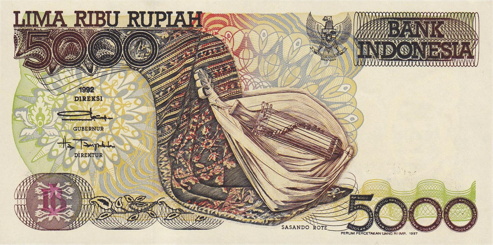 Банкнота Индонезия 5000 рупий 1992 года, модификация A, лицевая сторона (IDR-1992A-T005-S28-D1992.1997-GT1, TBB: B588f, WPM: P130f)
