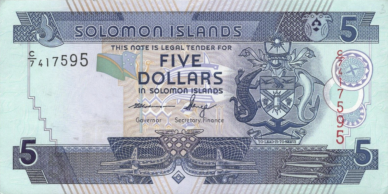 Банкнота Соломоновы Острова 5 долларов 1986 года, модификация D, лицевая сторона (SBD-1986D-R005-S10A-R3-GT1W0-PC;7, TBB: B216c, WPM: P26)