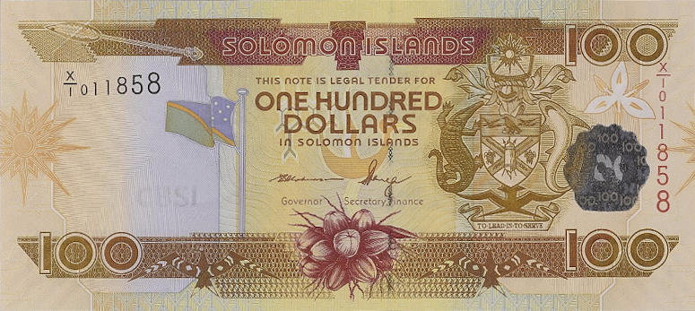 Банкнота Соломоновы Острова 100 долларов 1986 года, модификация D, лицевая сторона (SBD-1986D-R100-S10A-R3-GT4W2-TZ-PX;1, TBB: B220cz)