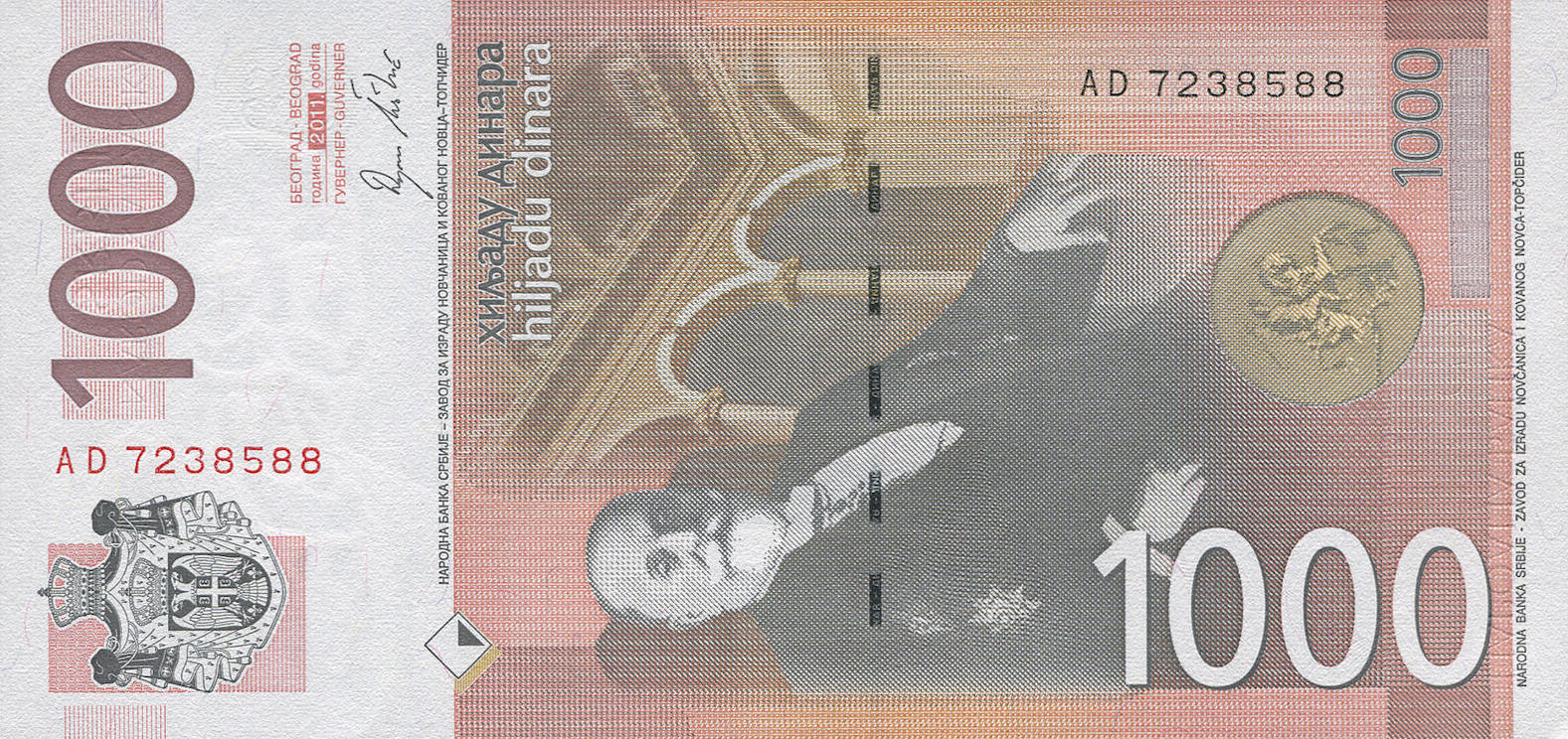 Банкнота Сербия 1000 динаров 2003 года, модификация D, оборотная сторона (RSD-2003D-T001-S04-D2011, TBB: B420a, WPM: P60a)