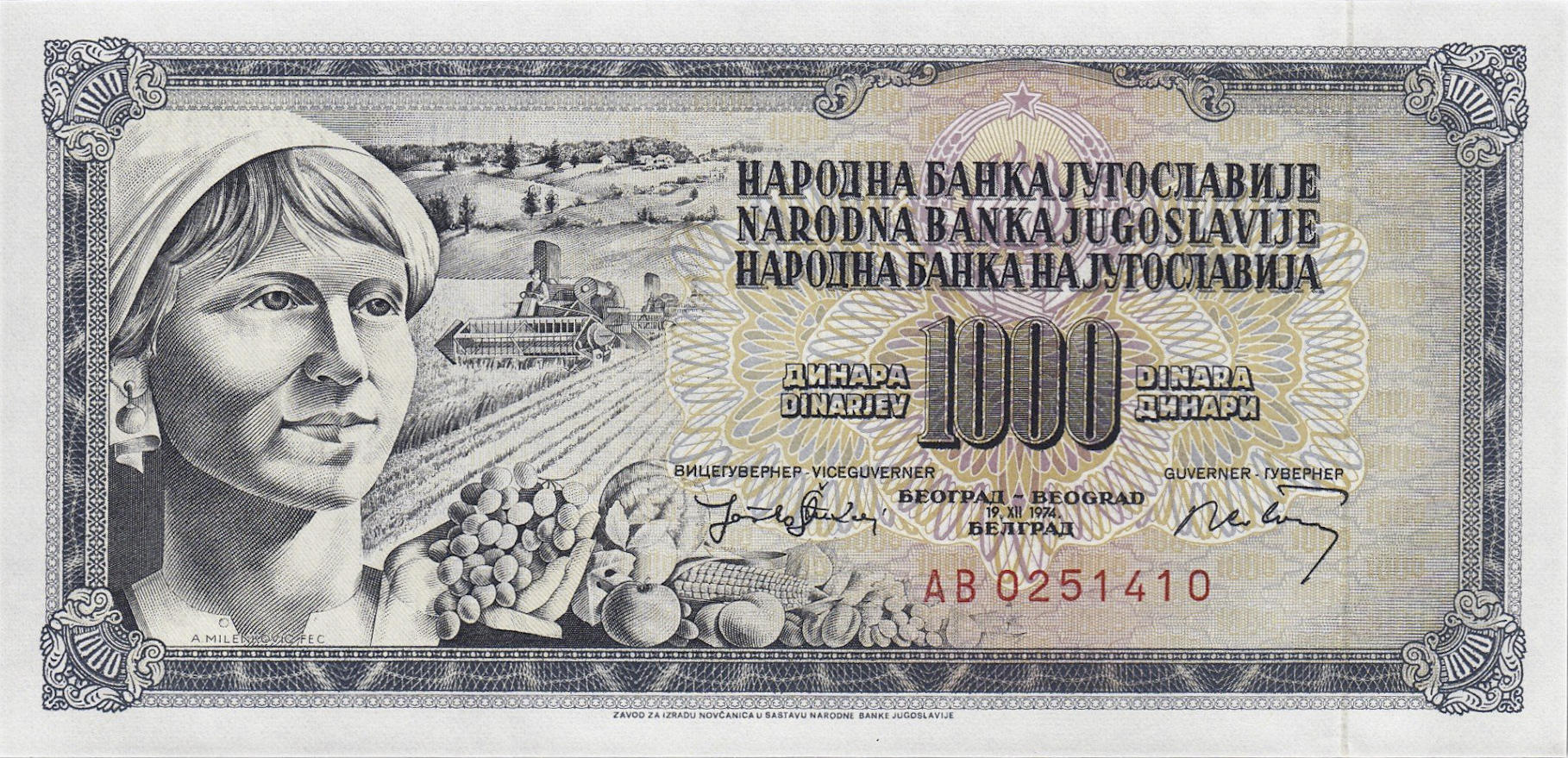 Банкнота Югославия 1000 динаров 1965 года, модификация B, лицевая сторона (YUD-1965B-T001-S20-D1974-R4-GT1, TBB: B414a, WPM: P86)