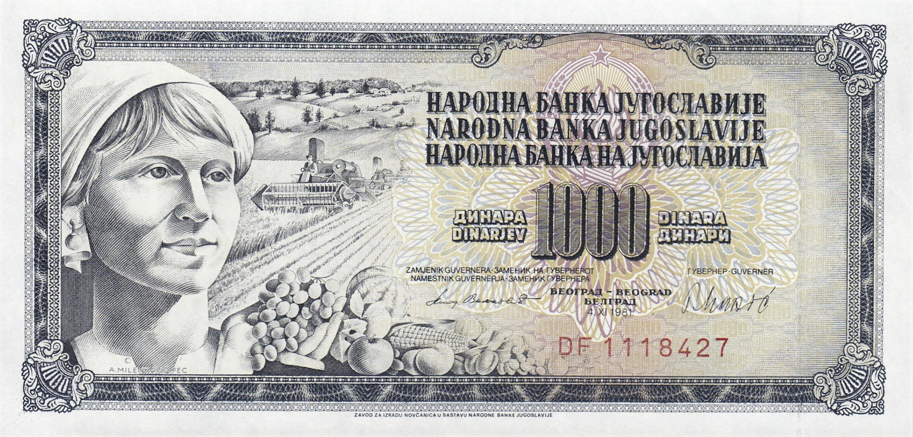 Банкнота Югославия 1000 динаров 1965 года, модификация B, лицевая сторона (YUD-1965B-T001-S23-D1981-R4-GT1, TBB: B414d, WPM: P92d)