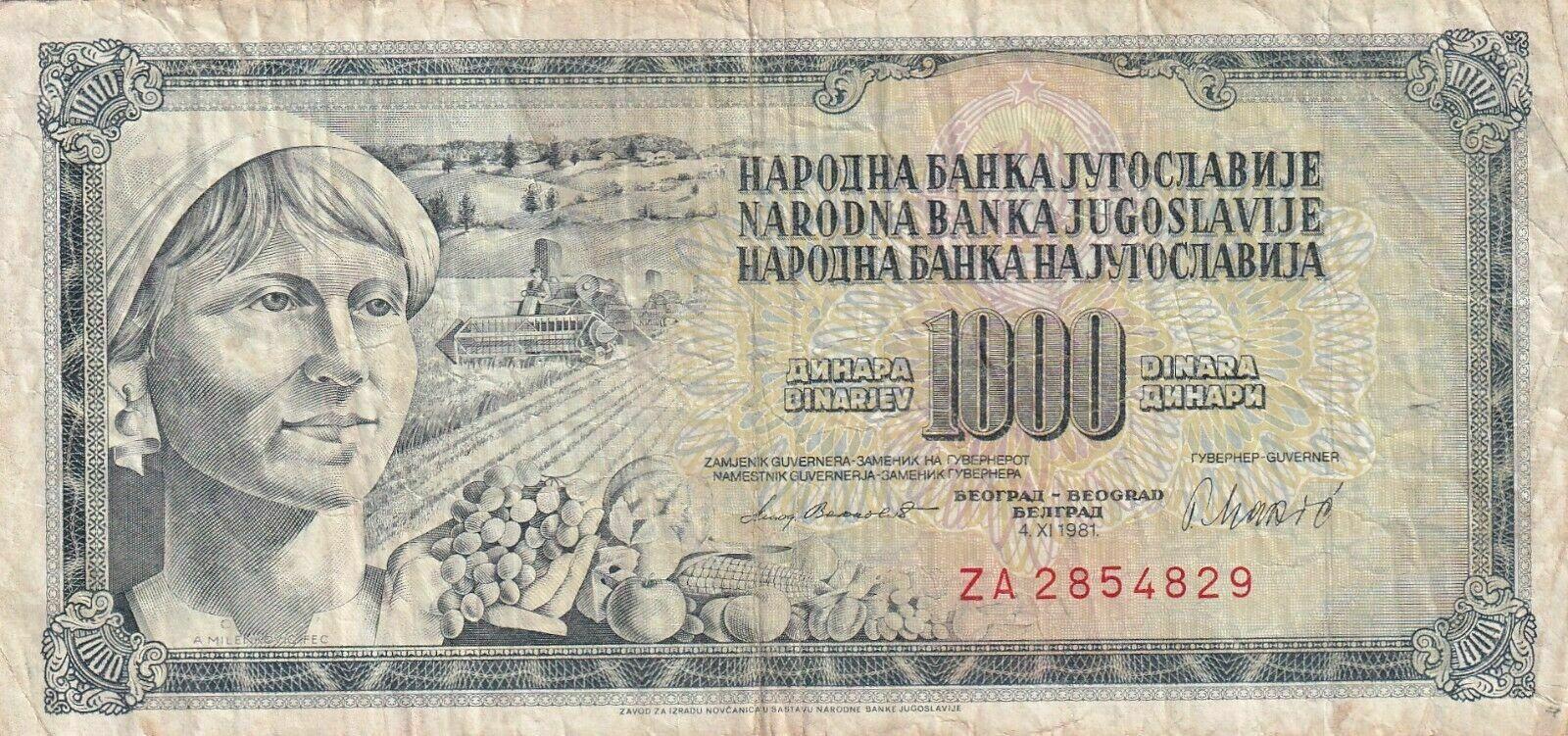 Банкнота Югославия 1000 динаров 1965 года, модификация B, лицевая сторона (YUD-1965B-T001-S23-D1981-R4-GT1-TZ-PZA, TBB: B414dz, WPM: P92r)