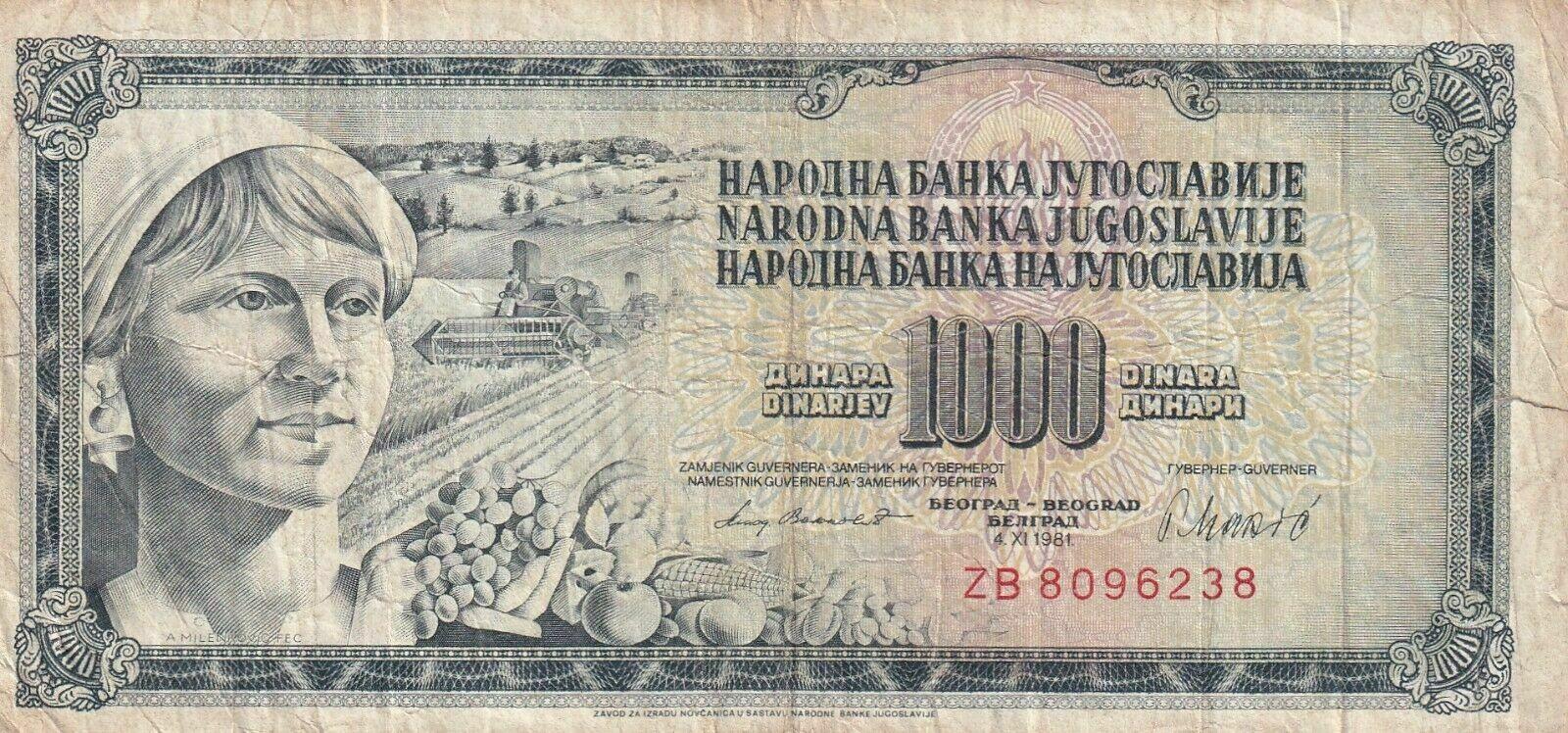 Банкнота Югославия 1000 динаров 1965 года, модификация B, лицевая сторона (YUD-1965B-T001-S23-D1981-R4-GT1-TZ-PZB, TBB: B414dz, WPM: P92r)