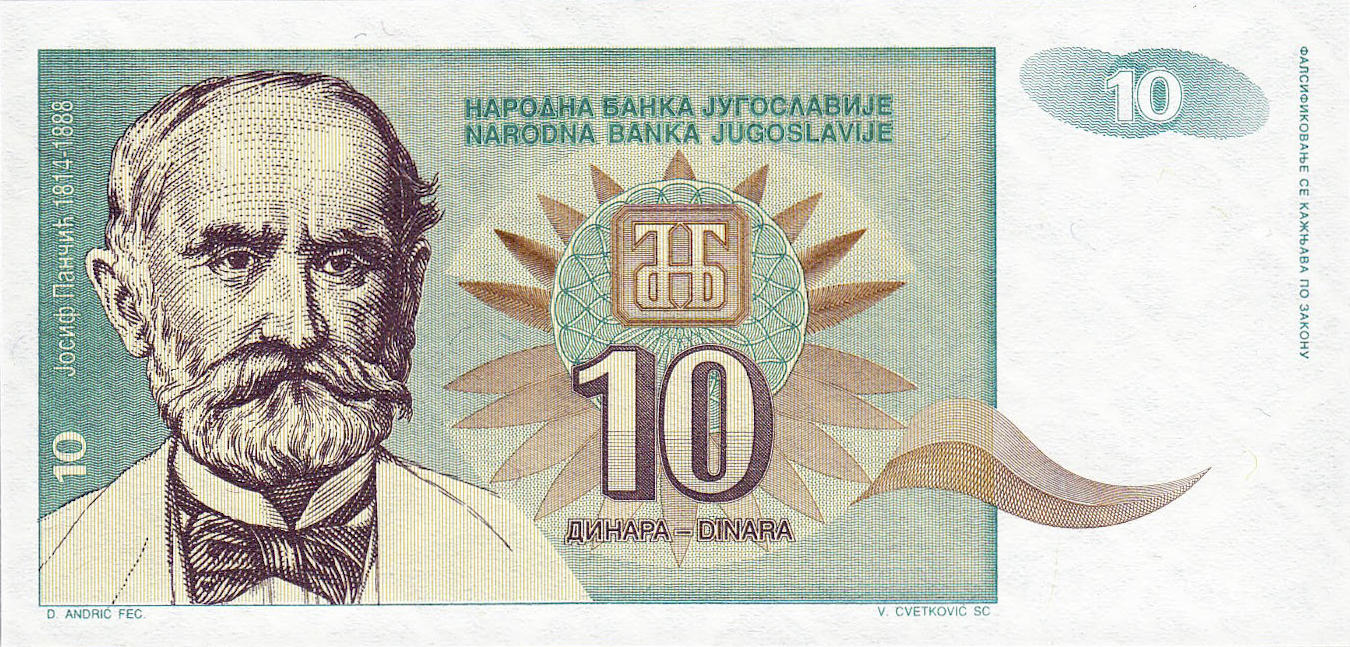 Банкнота Югославия 10 динаров 1994 года, модификация A, лицевая сторона (YUG-1994A-R010-S31-P0, TBB: B471a, WPM: P138a)