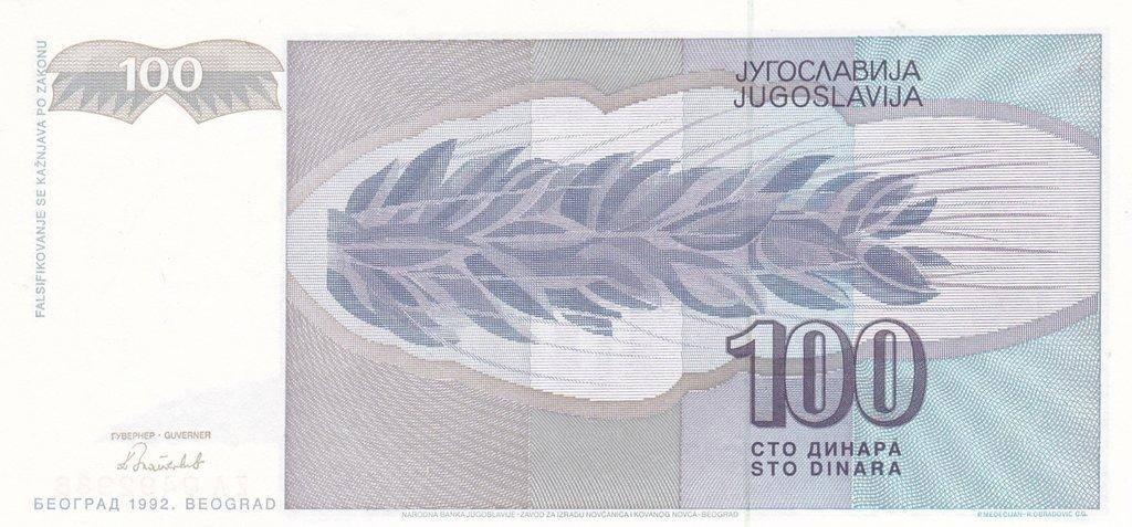 Банкнота Югославия 100 динаров 1992 года, модификация A, оборотная сторона (YUR-1992A-R100-S28-D1992-TZ-PZA, TBB: B445az, WPM: P112r)