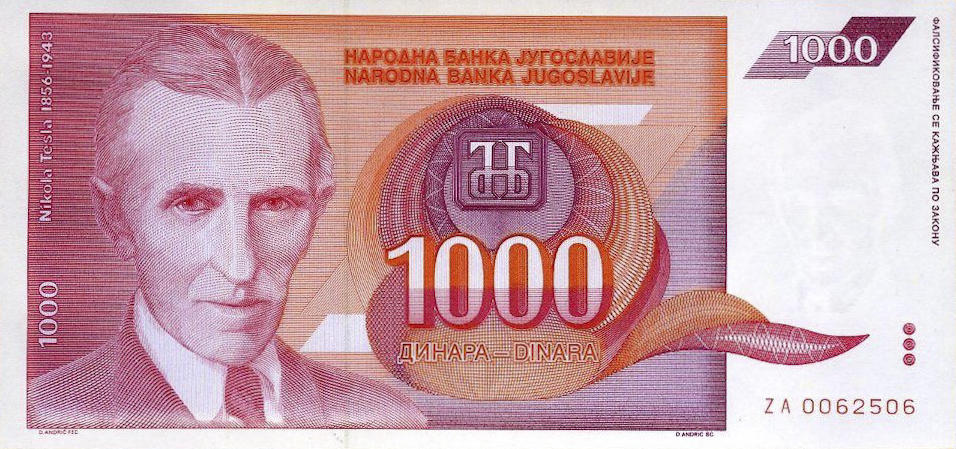Банкнота Югославия 1000 динаров 1992 года, модификация A, лицевая сторона (YUR-1992A-T001-S28-D1992-TZ-PZA, TBB: B447az, WPM: P114r)