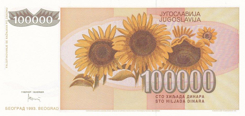 Банкнота Югославия 100000 динаров 1992 года, модификация A, оборотная сторона (YUR-1992A-T100-S29-D1993-TZ-PZA, TBB: B451az, WPM: P118r)