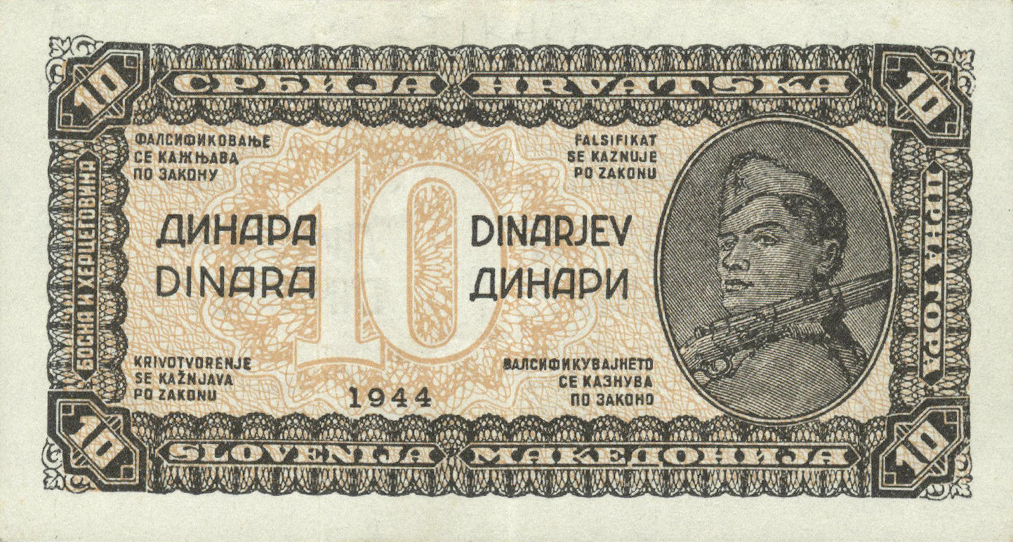 Банкнота Югославия 10 динаров 1944 года, модификация A, лицевая сторона (YUZ-1944A-R010-D1944-FZINB-V3-GT1W0-P0, TBB: B203c, WPM: P50b)