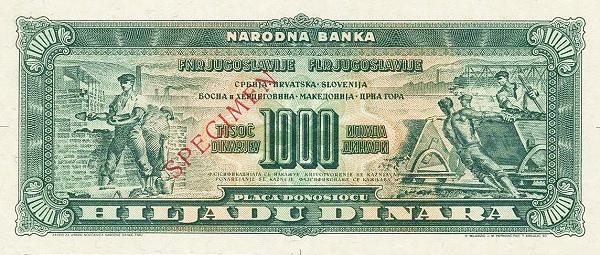 Банкнота Югославия 1000 динаров 1949 года, модификация B, оборотная сторона (YUZ-1949B-T001-S14-D1953-TP1-PАС, TBB: B322ap1)